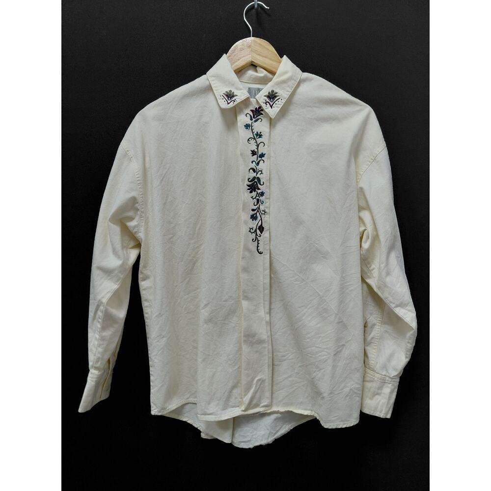 Vintage IVY Embroidered Cotton Shirt White Solid Woven Long Sleeve Men Size M